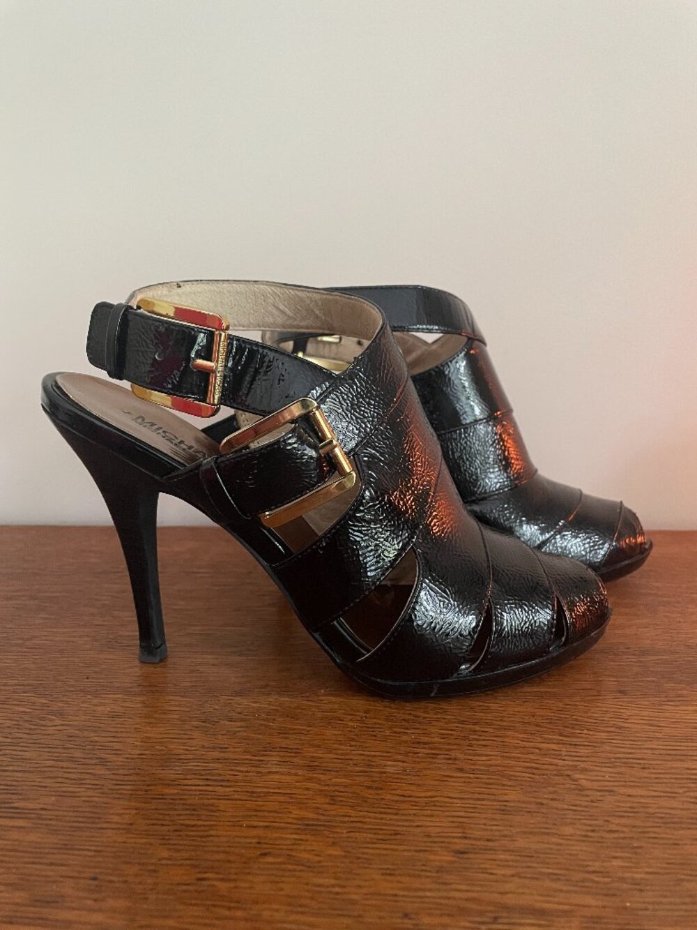Michael Kors Patent Leather Slingback Heels Black Gold Buckle Size 8.5